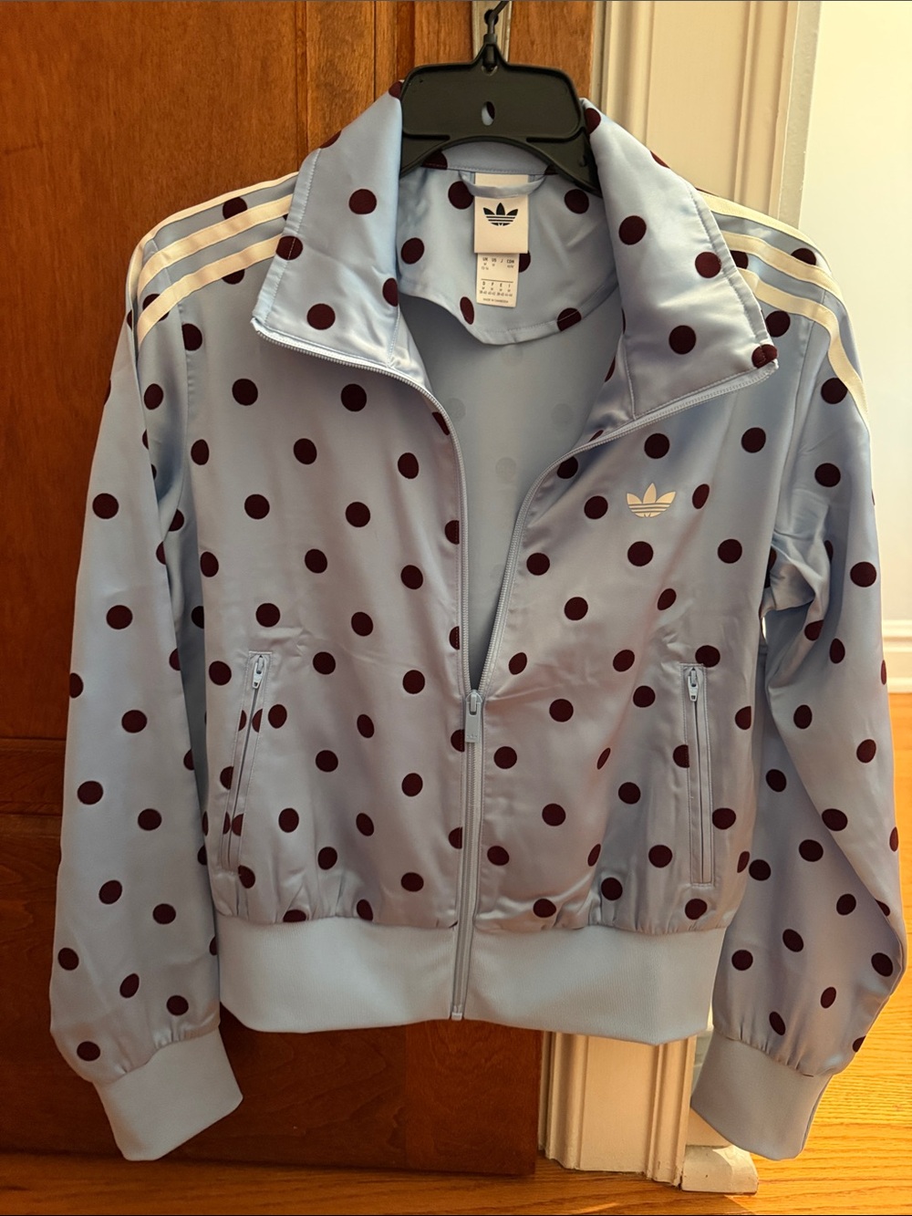 adidas Light Blue and brown Polka Dot satin track Jacket never worn medium